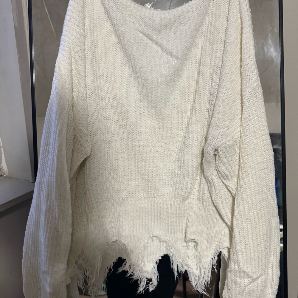 Women's Distressed V-Neck Sweater - White - Picture 3 of 4
